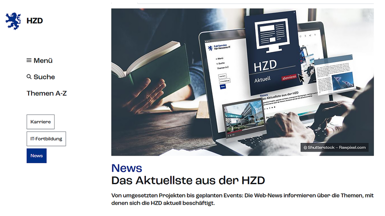 Bildschirm mit Darstellung des News-Bereichs der neuen HZD-Website