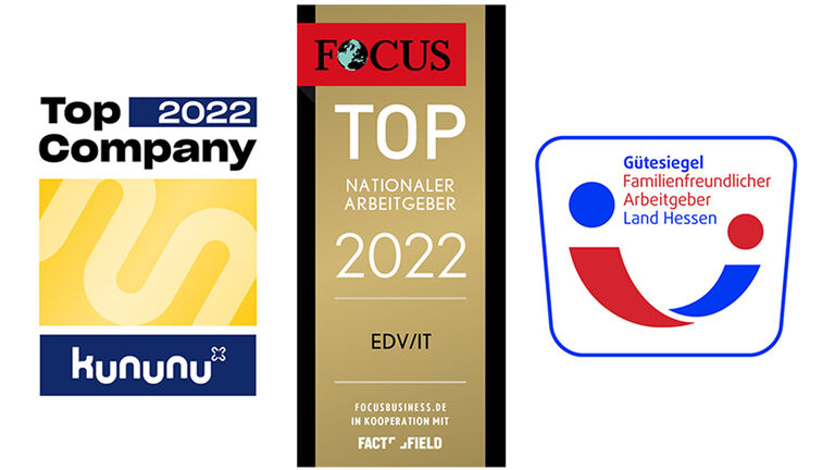 Abbildung der Logos Kununu Top Company, Focus Business Top-Company und  Familienfreundlicher Arbeitgeber