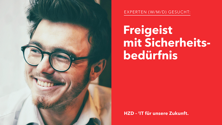 Stellenangebot für IT-Sichgerheitsprofis mit Porträt eines Mannesu und daneben in rotem Feld platzierter Überschrift "Freigeist mit Sicherheitsbedürfnis"