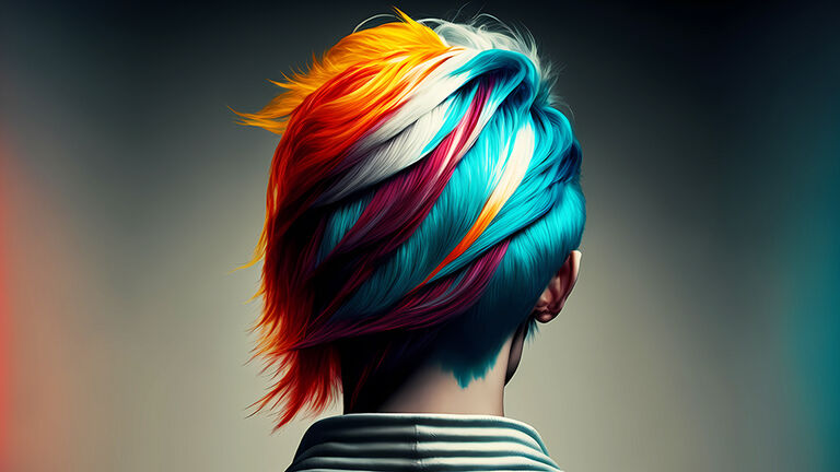 Rückansicht des Kopfes einer Person mit in verschiedenen Bunttönen gefärbten Haarsträhnen
