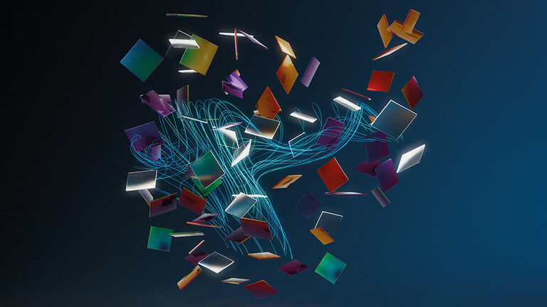 KI-generiertes Bild mit in einem digitalen Strom wirbelnden farbigen Glasplättchen, die die Vorhaben der HZD symbolisieren