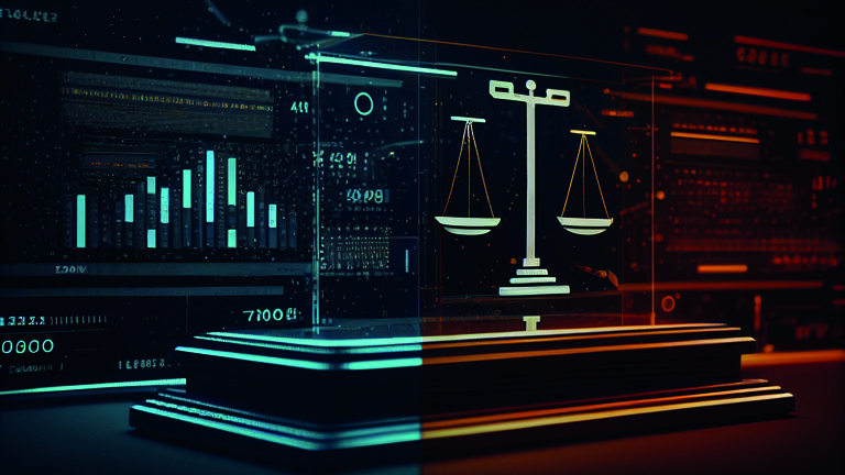 Digitale Darstellung einer Justizwaage vor einem Hintergrund aus Servertechnik und digitalen Datenstrukturen. Die Kombination symbolisiert die Verbindung von Digitalisierung und elektronischem Rechtsverkehr.