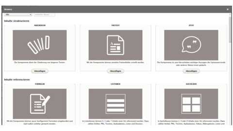 Screenshot aus dem HessenWeb mit Übersichtsseite der CMS-Komponenten