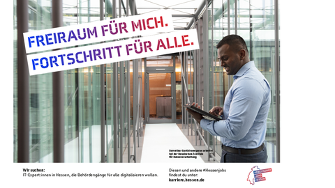 Eines der Plakatmotive: HZD-Mitarbeiter Surenthar Santhirasegaran wirbt für Jobs in der IT Anzeigenmotiv der Arbeitgeberkampagne Land Hessen mit HZD-Mitarbeiter