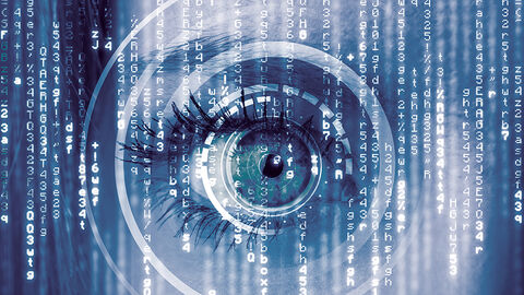 Symbolfoto mit Auge und darüber gelegten Ringen und senkrecht laufenden Zahlencodes