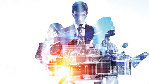 Virtueller Arbeitsplatz für Entwickler- Thema in INFORM 4/21 Bildkomposition mit Menschen und Elementen aus dem modernen Arbeitsumfeld