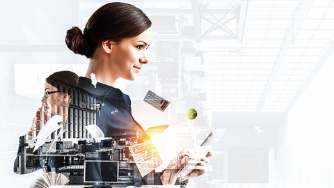 New Work in der Verwaltung - Thema in INFORM 4/21 Bildkomposition mit Menschen und Elementen aus dem modernen Arbeitsumfeld