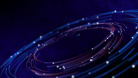 Helle Lichtpunkte, die sich in schräg stehenden Kreisen drehen und so den Eindruck von Himmelskörpern in einer Umlaufbahn erwecken