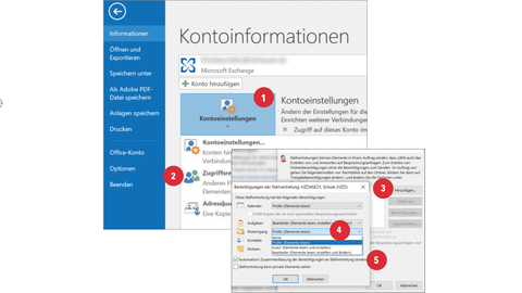 HZD-Tipp – Schritte 1 bis 5 zum Festlegen der Stellvertretung Zwei überlappende Screenshots, auf denen nummerierte rote Punkte von 1 bis 5 erläutern, an welcher Stelle im Outlook-Menü die entsprechenden Schritte zum Festlegen der Stellvertretung ausgeführt werden müssen