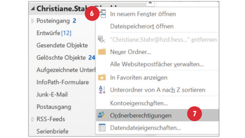 HZD-Tipp – Schritte 6 bis 7 zum Festlegen der Stellvertretung Screenshot, auf dem nummerierte rote Punkte von 6 bis 7 erläutern, an welcher Stelle im Outlook-Menü die entsprechenden Schritte zum Festlegen der Stellvertretung ausgeführt werden müssen