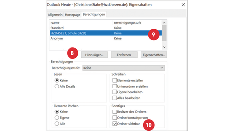 HZD-Tipp – Schritte 8 bis 10 zum Festlegen der Stellvertretung Screenshot, auf dem nummerierte rote Punkte von 8 bis 10 erläutern, an welcher Stelle im Outlook-Menü die entsprechenden Schritte zum Festlegen der Stellvertretung ausgeführt werden müssen