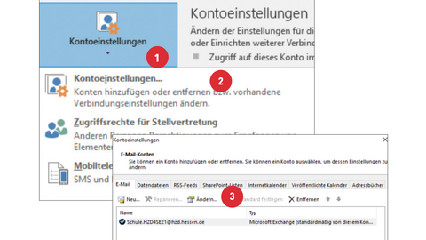 HZD-Tipp – Schritte 1 bis 3 zur Anzeige des Postfachs bei der Stellvertretung Zwei überlappende Screenshots, auf denen nummerierte rote Punkte von 1 bis 3 erläutern, an welcher Stelle im Outlook-Menü die entsprechenden Schritte zum Anzeigen des Postfachs bei der Stellvertretung ausgeführt werden müssen