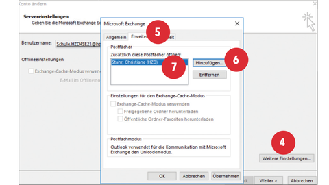HZD-Tipp – Schritte 4 bis 7 zur Anzeige des Postfachs bei der Stellvertretung Screenshot, auf dem nummerierte rote Punkte von 4 bis 7 erläutern, an welcher Stelle im Outlook-Menü die entsprechenden Schritte zum Anzeigen des Postfachs bei der Stellvertretung ausgeführt werden müssen