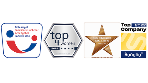 Ausgezeichneter Arbeitgeber: die HZD Abbildung der Logos Familienfreundlicher Arbeitgeber, Top4Women, Digital Champion Female Recruiting und Top Company