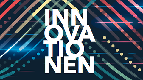 INFORM 1-22 Titelmotiv: stilisierte Datenströme aus verschlungenen bunten Linien mit darüber gelegter Wortmarke „Innovationen“ 