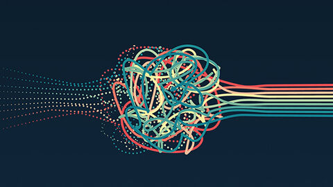 Grafische Visualisierung von Datenströmen, die als gepunktete Linien in einen verschlungenen Knoten fließen und als durchgehende bunte Linien herauskommen
