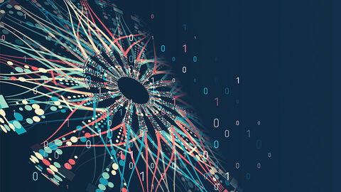 Grafische Visualisierung von geordneten und gruppierten Datenströmen, die auf ein stilisiertes Auge zulaufen