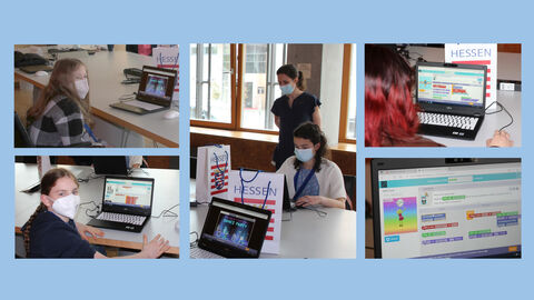 Bildcollage: Fünf Bilder, auf denen die Schülerinnen zu sehen sind, wie sie an den Laptops arbeiten. Ein Bild zeigt den Bildschirm mit den Programm "Dance Night" inkl. der Befehle.