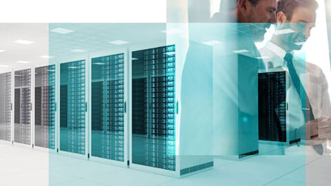 Collage mit Serverraum und zwei Männern