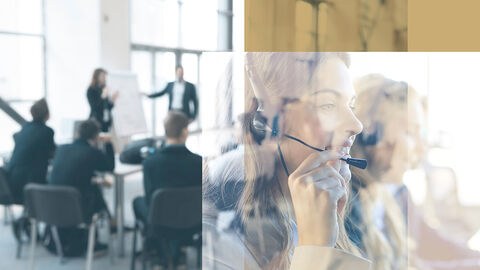 JB-Motiv: Projektmanagement und Services Menschen am Flipchart und am Telefon in einer Bildcollage