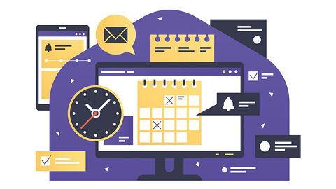 Neues Werkzeug von der HZD: die Online-Terminvergabe Illustration mit Uhr, Kalender, Handy und anderen Elementen, die das Thema Online-Terminvergabe veranschaulichen