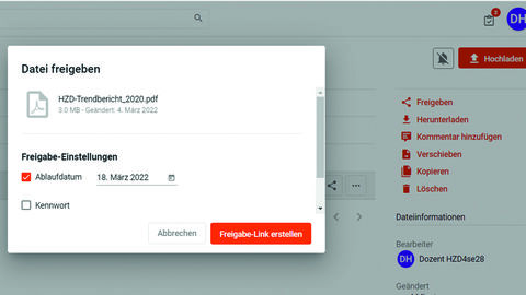 Screenshot HessenDrive_Freigabe-Button Schreenshot aus HessenDrive mit Freigabe-Link