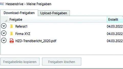 Screenshot HessenDrive Freigabe-Links Screenshot HessenDrive mit Liste der Freigabe-Links