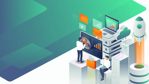 Illustration Cloud-Transformation Illustration zur Cloud-Transformation mit zwei Männern in einem virtuellen Server-Raum