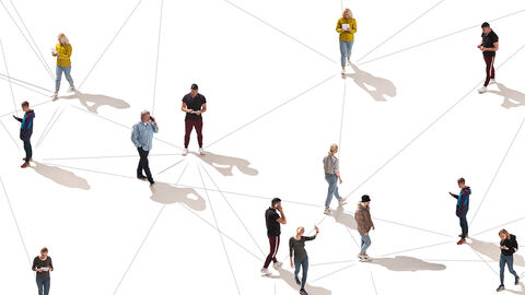 Bestens verbunden: die Nutzerinnen und Nutzer des neuen HessenNetz mit SD-WAN-Overlay Aufsicht auf einen Platz mit telefonierenden Menschen, die durch ein Netzwerk aus gezeichneten Linien miteinander verbunden sind