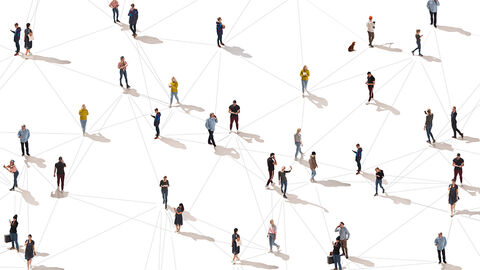 Bestens verbunden: die Nutzerinnen und Nutzer des neuen HessenNetz mit SD-WAN-Overlay Aufsicht auf einen Platz mit telefonierenden Menschen, die durch ein Netzwerk aus gezeichneten Linien miteinander verbunden sind