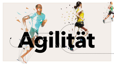Schwerpunkt von Ausgabe 3-22 des HZD-Kundenmagazins INFORM: Agilität in der Verwaltungsdigitalisierung Illustration von Sportlern in Aktion und dem darüber Begriff „Agilität“