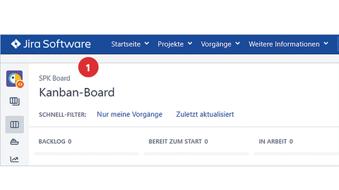 Tipp der HZD IT-Fortbildung – Schritt 1 zum Einrichten von Schnellfiltern in Jira Screenshot von der Startseite des Kanban-Boards in Jira mit positioniertem Punkt 1