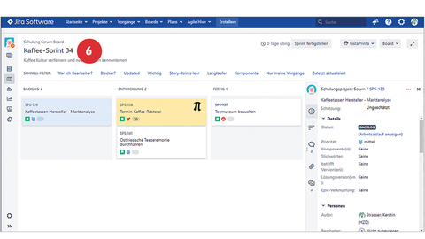 Tipp der HZD IT-Fortbildung – Schritt 6 zum Einrichten von Schnellfiltern in Jira Screenshot von der Startseite des Kanban-Boards mit individuellen Filtern und mit positioniertem Punkt 6