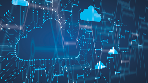 Neue Infrastruktur gegen Internet-Kriminalität: die PolizeiCloud Hessen der HZD Computergrafik aus stilisieren Schaltkreisen auf blauem Hintergrund mit integrierten Wolkensymbolen