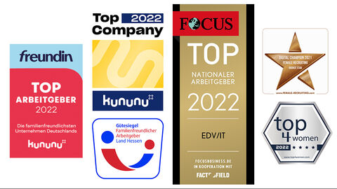 Ausgezeichneter Arbeitgeber: die HZD Abbildung der Logos Familienfreundlicher Arbeitgeber, Top4Women, Digital Champion Female Recruiting, Kununu Top Company, Kununu_Freundin und Focus Business Top-Company