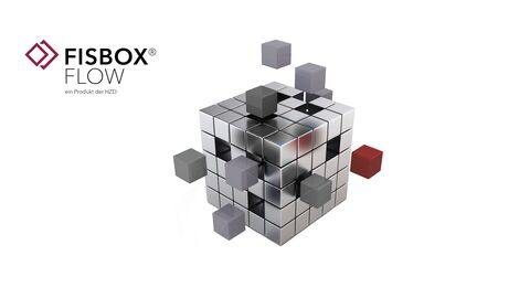 Logo der FISBOX Flow, das sich aus einem silbernen Würfel mit einem farbig hervorgehobenen Einzelmodul in Dunkelrot und einem Schriftzug mit dem Produktnamen zusammensetzt