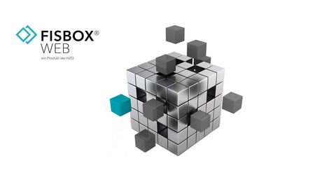 Flagship-Produkt der HZD: das Fachinformationssystem FISBOX® und seine Komponente FISBOX® WEB Logo der FISBOX Web, das sich aus einem silbernen Würfel mit einem farbig hervorgehobenen Einzelmodul in Türkis und einem Schriftzug mit dem Produktnamen zusammensetzt