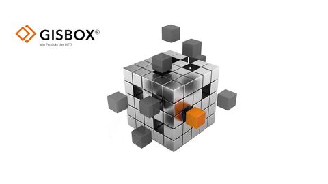 Logo der GISBOX, das sich aus einem silbernen Würfel mit einem farbig hervorgehobenen Einzelmodul in Orange und einem Schriftzug mit dem Produktnamen zusammensetzt