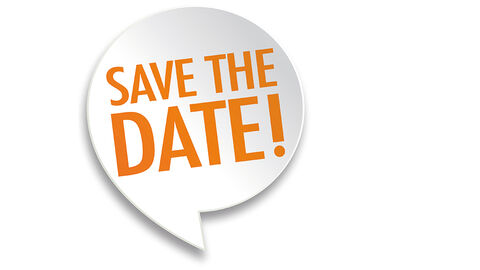 Save the date_Motiv Themenmodul Orange-farbenes Save the Date-Motiv in einer weißen Sprechblase