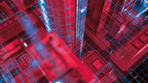 Viel diskutiertes Thema bei der HZD: ganzheitlich konzipierte IT-Architektur Blick in Straßenschlucht aus der Vogelperspektive in roter Farbverfremdung und mit darüber gelegten Architekturzeichnungen in Blau