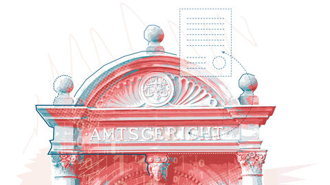 Farblich verfremdetes Foto eines Eingangsportals mit der Aufschrift „Amtsgericht“ und darüber gelegter Grafik aus stilisierter Akte und den Zahlen 1 und 0