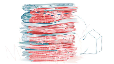 Anspruchsvolle Aufgabe für den Digitalisierungsexperten HZD: die Umsetzung des eJustice-Gesetzes Farblich verfremdetes Foto von gestapelten Handakten und darüber gelegter Grafik aus stilisiertem Haus und den Zahlen 1 und 0