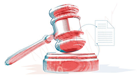 Anspruchsvolle Aufgabe für den Digitalisierungsexperten HZD: die Umsetzung des eJustice-Gesetzes Farblich verfremdetes Foto von Richterhammer und Schlagblock mit darüber gelegter Grafik aus stilisierter Akte und den Zahlen 1 und 0