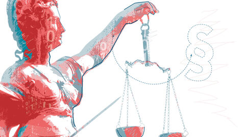 Anspruchsvolle Aufgabe für den Digitalisierungsexperten HZD: die Umsetzung des eJustice-Gesetzes Farblich verfremdetes Foto von Justitia-Statue mit Waage und darüber gelegter Grafik aus Paragraf-Zeichen und den Zahlen 1 und 0