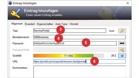 Tipp der HZD IT-Fortbildung – Anmeldeinformationen als Eintrag anlegen Screenshot von der KeePass-Funktion „Eintrag hinzufügen“ mit den positionierten Punkten 3, 4, 5 und 6