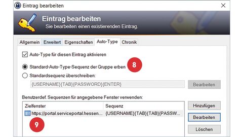 Tipp der HZD IT-Fortbildung – Passwörter über Auto-Type abrufen Screenshot von der KeePass-Funktion „Eintrag bearbeiten“ mit den positionierten Punkten 8 und 9