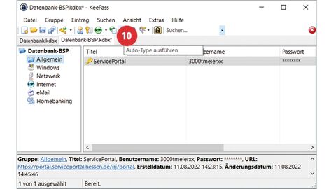 Tipp der HZD IT-Fortbildung – Passwörter über Auto-Type abrufen Screenshot vom aufgeklappten Menübaum in KeePass mit positioniertem Punkt 10