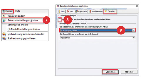 Tipp der HZD IT-Fortbildung – Benutzereinstellungen ändern in HeDok Screenshots vom Menüpunkt Optionen mit dem ausgewählten Befehl „Benutzereinstellungen ändern“, der mit der Ziffer 7 versehen ist. Im zweiten Screenshot ist im Reiter Favoriten die leere Checkbox rot umrahmt und mit der Ziffer 8 versehen. Beim dritten Screenshot ist im Reiter Favoriten die Option „Akten/Vorgang öffnen“ ausgewählt, rot umrahmt und mit der Ziffer 9 versehen.