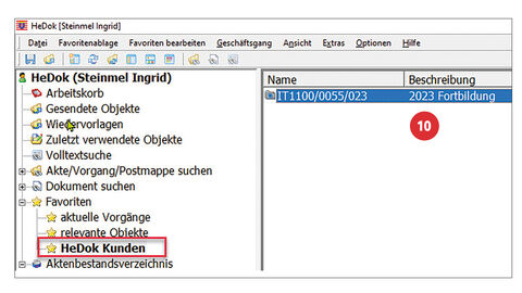 Tipp der HZD IT-Fortbildung – Benutzereinstellungen ändern in HeDok Screenshot vom aufgeklappten Menübaum in HeDok. Unter dem Menüpunkt „Favoriten“ ist der Unterpunkt „HeDok Kunden“ rot markiert. Rechts im Fenster daneben ist der Vorgang „2023 Fortbildung“ ausgewählt und mit der Ziffer 10 versehen.