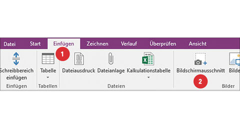 Screenshots vom der angeklickten Register-Karte „Einfügen“ in OneNote mit der Ziffer 1. Ziffer 2 befindet sich unter dem Symbol mit dem Titel „Bildschirmausschnitt“.